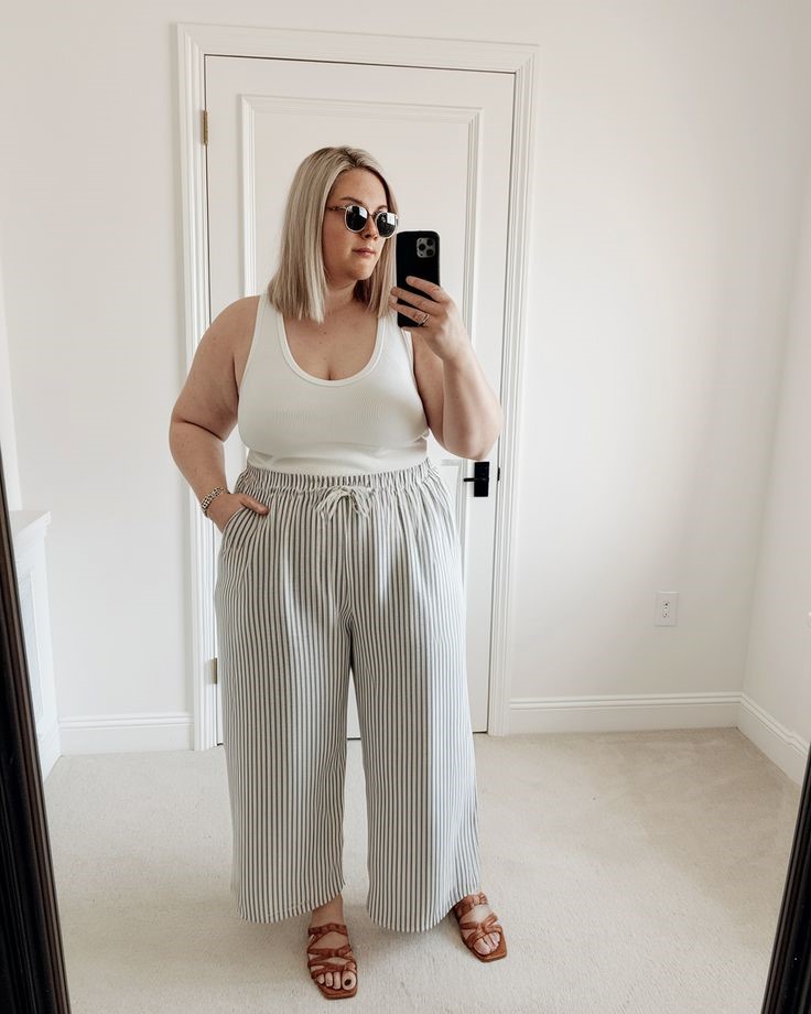 Ribbed tank top with wide-leg linen pants for a cool summer outfit
