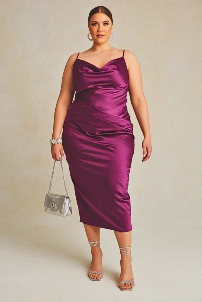 Curvy woman wearing a champagne satin midi dress for an evening event.