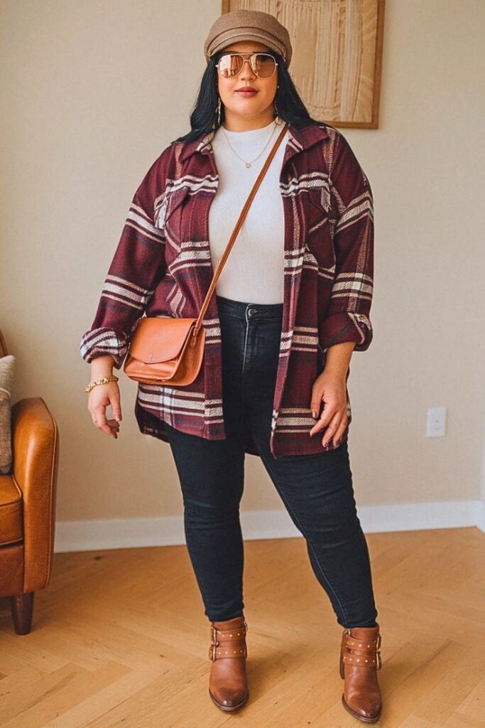 Plus-size woman wearing a shacket with straight-leg jeans and Chelsea boots.