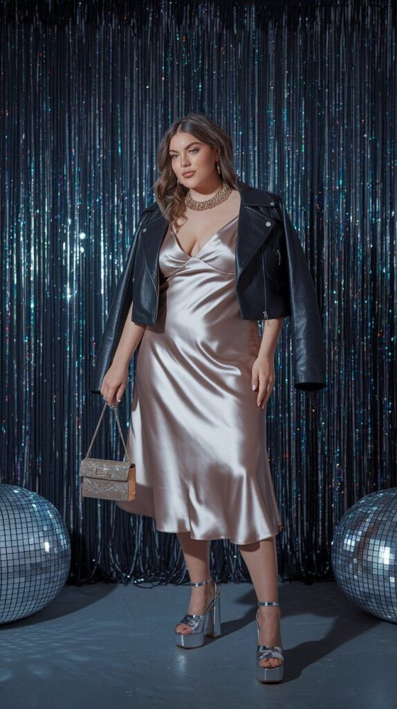 Plus size woman wearing a satin slip dress layered with a lightweight cardigan.