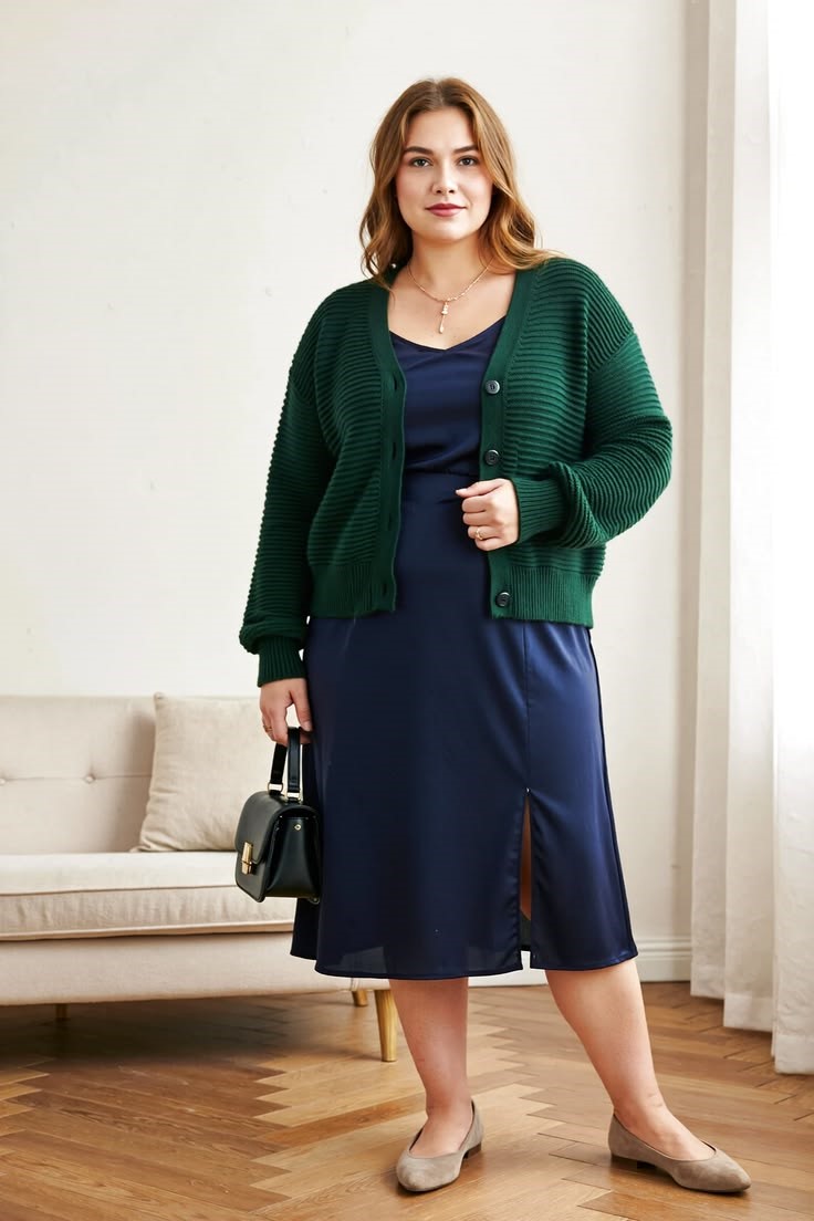 Plus-size woman wearing a soft navy midi dress with a green knit cardigan and comfortable flats for a cozy office outfit.