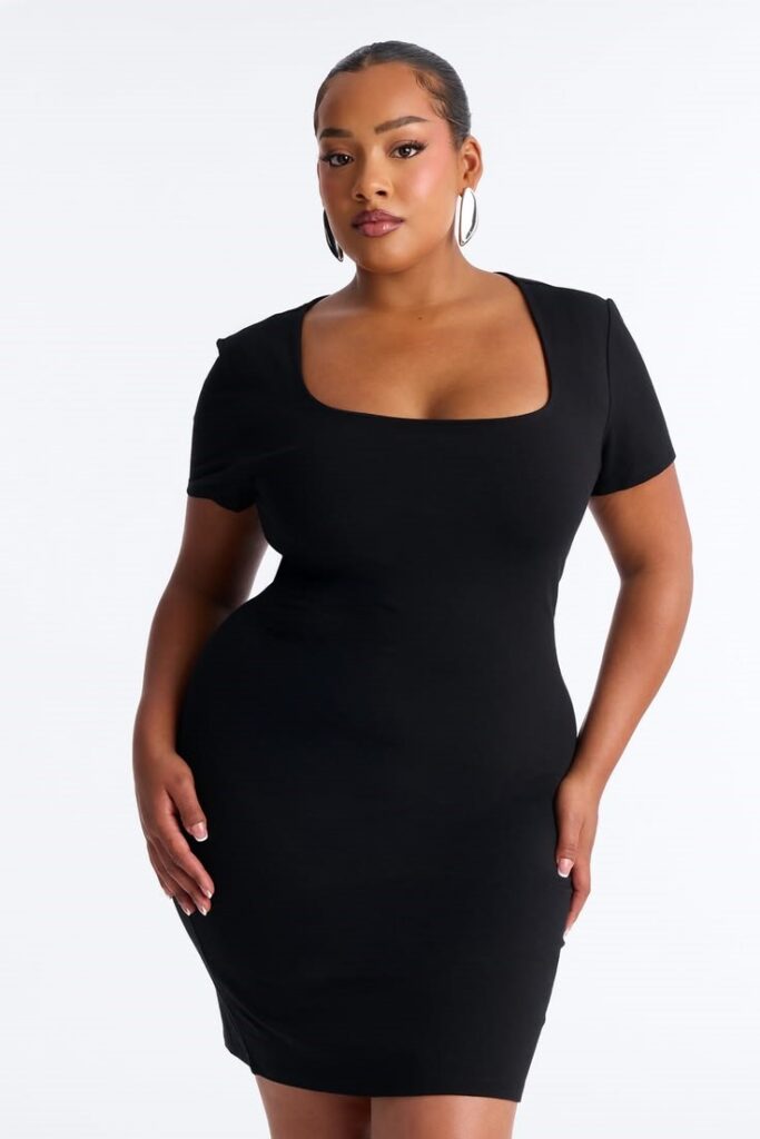Plus size woman wearing a square neck little black dress
