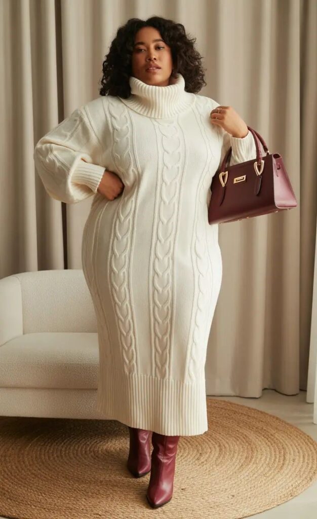 Plus size woman wearing a sweater dress with knee-high boots for a cozy winter outfit.