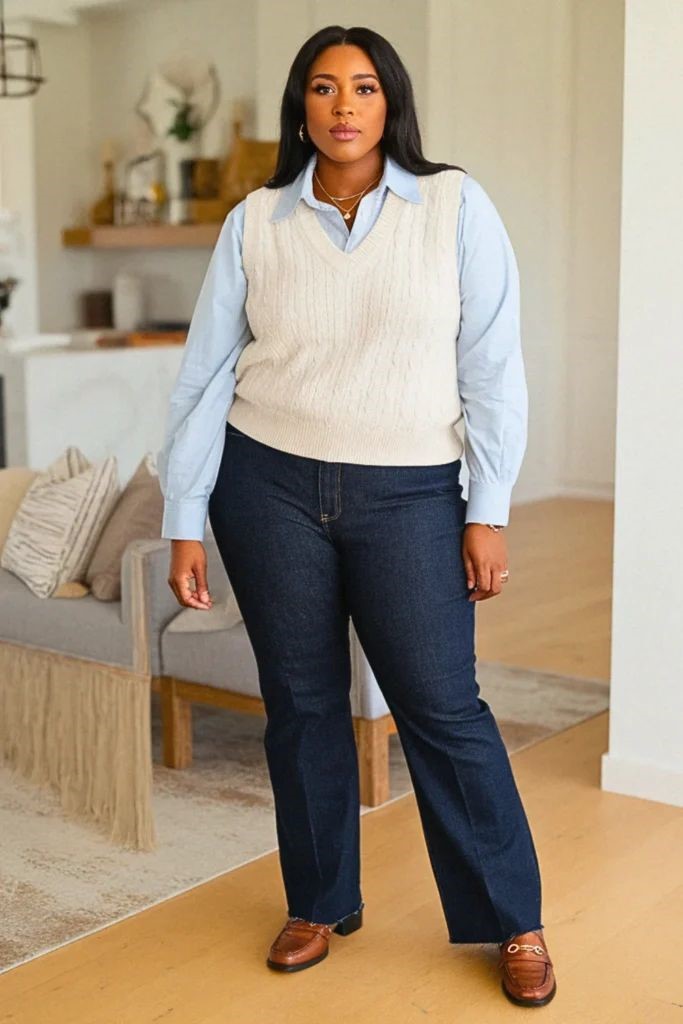 A plus-size woman wearing a sweater vest layered over a white button-up shirt with tailored trousers.