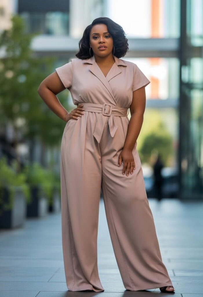 Plus size woman wearing a tailored jumpsuit with a slim belt and classic heels.
