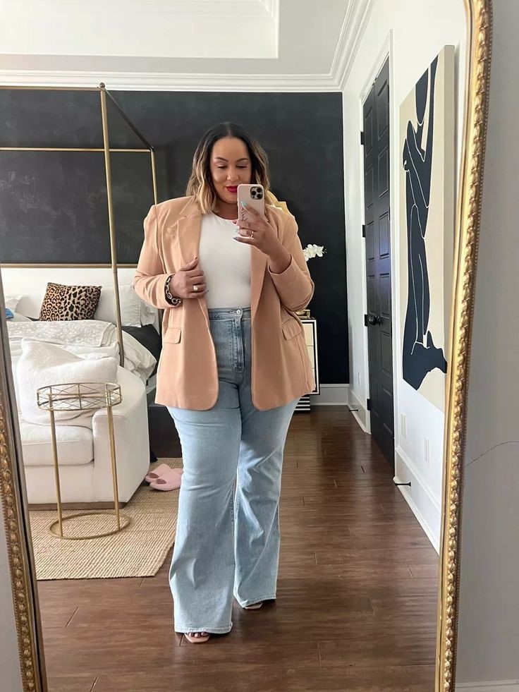Plus-size woman confidently wearing an outfit that flatters her body shape