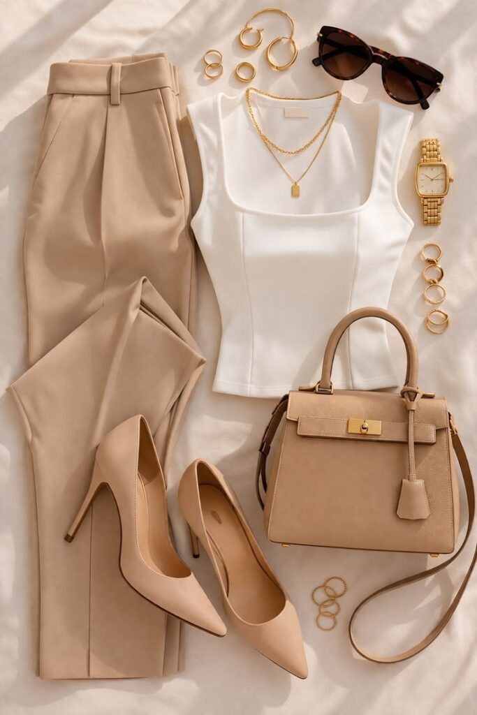 Neutral wardrobe essentials including tailored trousers, a white top, nude heels, a structured handbag, and classic accessories for a polished everyday style.