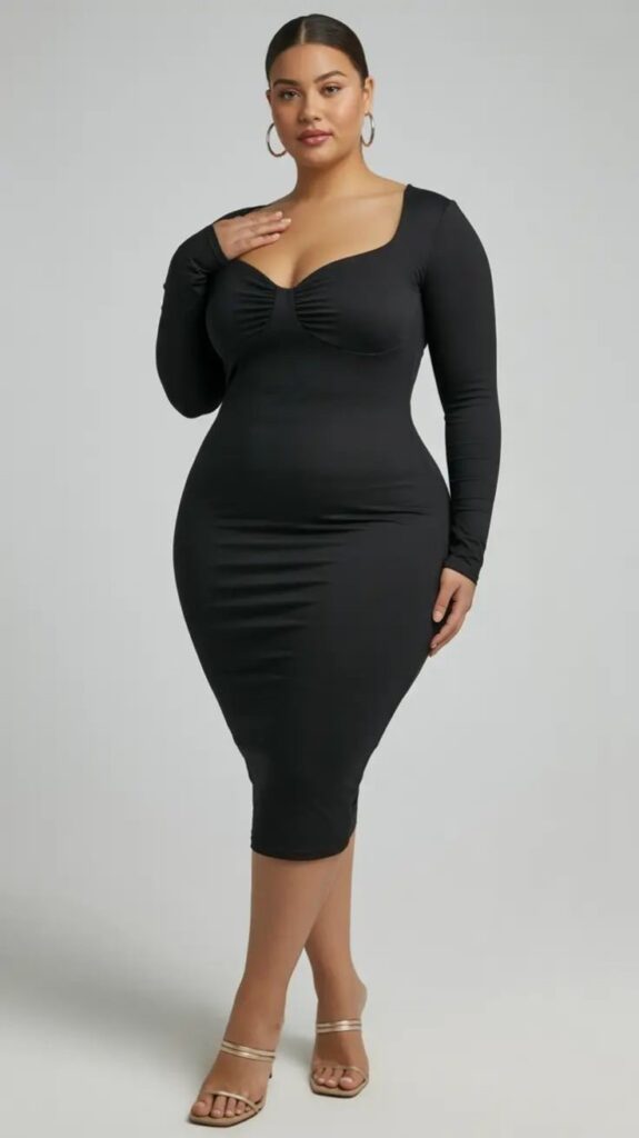 Plus-size woman wearing a fitted black midi dress that clearly shows her natural body proportions for identifying body shape.