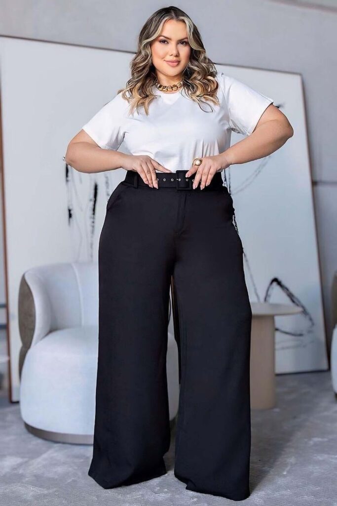 Classic plus size outfit featuring a white shirt and wide-leg trousers.