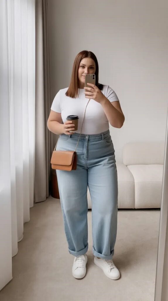 Plus size weekend outfit with a white T-shirt and straight-leg jeans