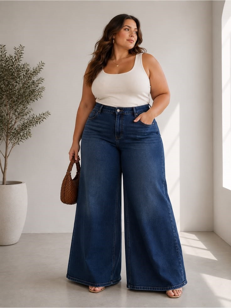 Trendy plus size wide-leg jeans styled with a fitted top