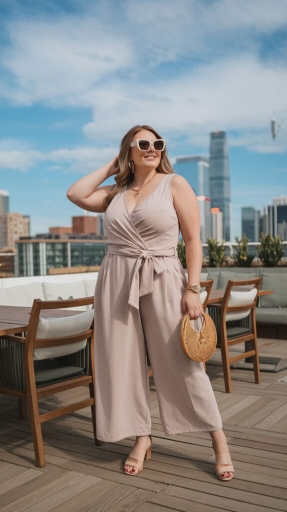 Plus size woman wearing a wide-leg jumpsuit for a stylish weekend outfit
