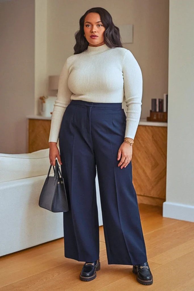 Plus-size woman wearing wide-leg trousers with a soft knit top and loafers for a comfortable office outfit
