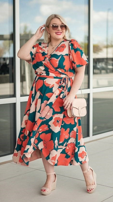 Plus-size woman wearing a wrap midi dress with flat sandals.