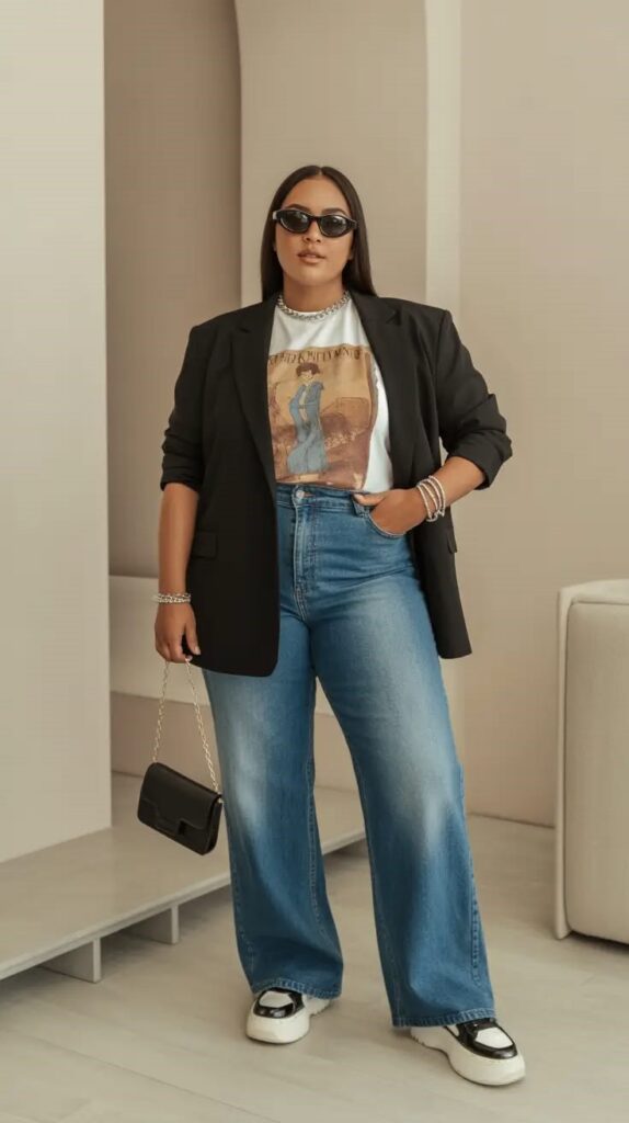 Woman wearing a black blazer over jeans and a graphic T-shirt