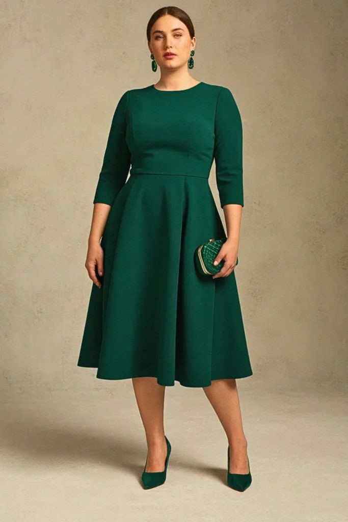 Plus-size woman wearing a green A-line dress with a fitted bodice and flared skirt that flatters a rectangle body shape