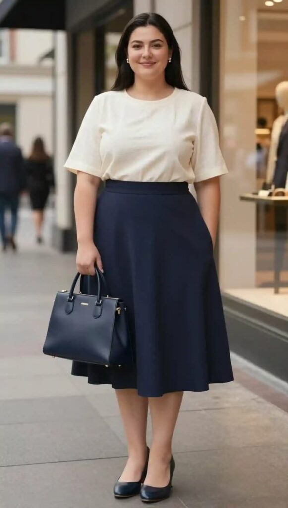 Plus size woman wearing a high-waisted A-line midi skirt with a tucked-in blouse