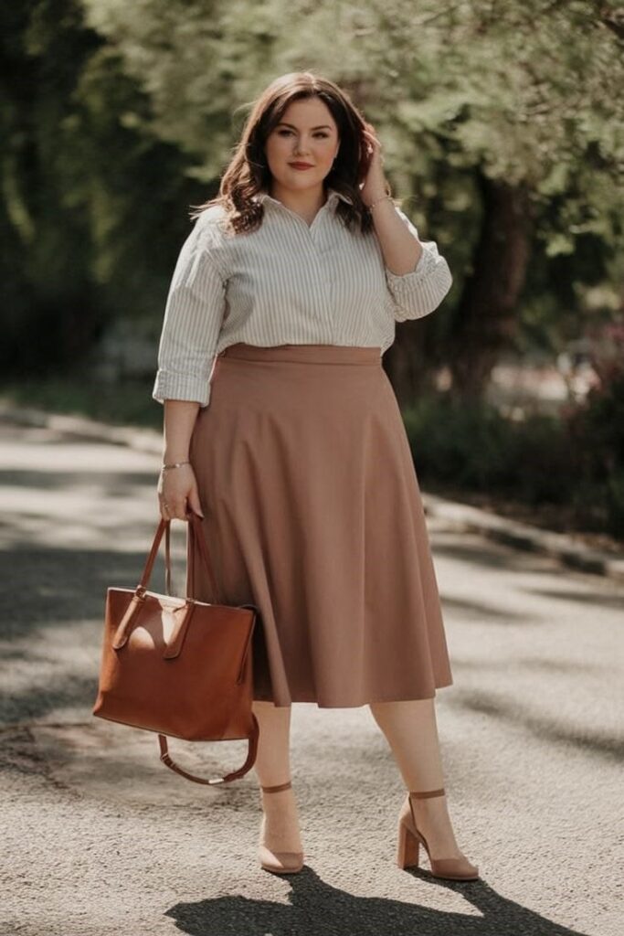plus size woman wearing an A-line skirt with a tucked-in striped shirt