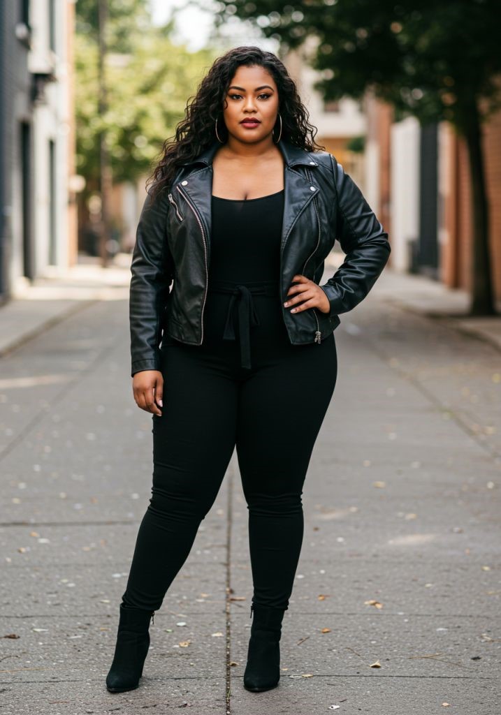Plus size woman wearing an all-black outfit with a leather jacket and boots