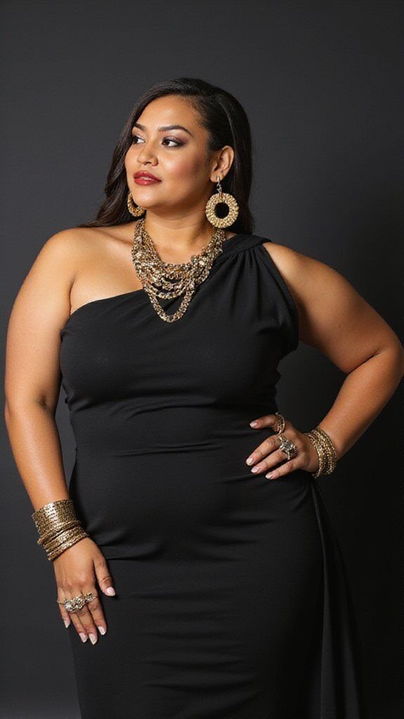 Plus size woman wearing a black one-shoulder dress with statement jewelry