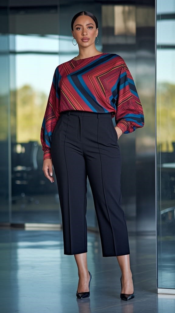 Plus size woman wearing black trousers with a colorful patterned blouse