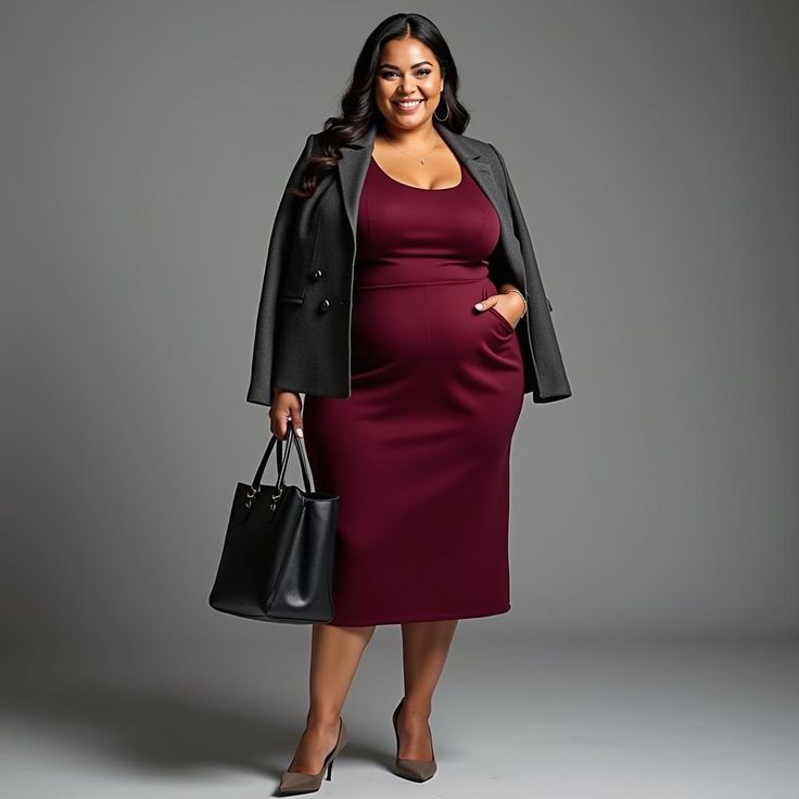 Affordable plus size fashion featuring a burgundy dress with a structured blazer