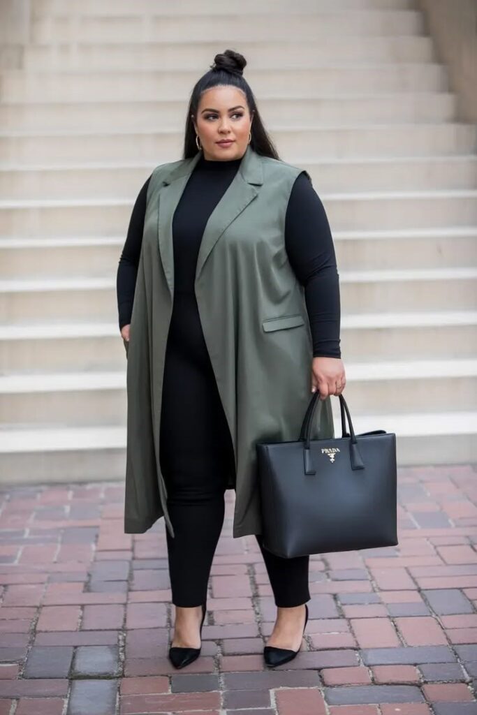 Woman wearing a black outfit with a long olive green vest