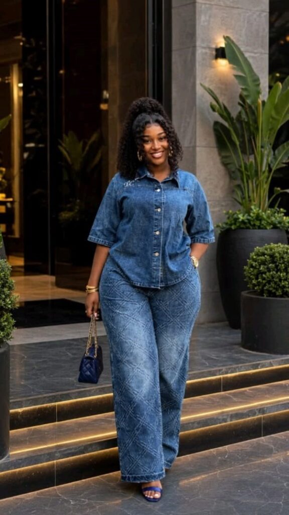 Plus size woman wearing a matching denim shirt and wide-leg trousers