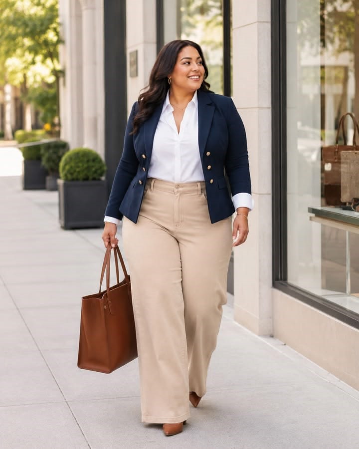 Plus size woman wearing a navy blazer with a white shirt and beige trousers