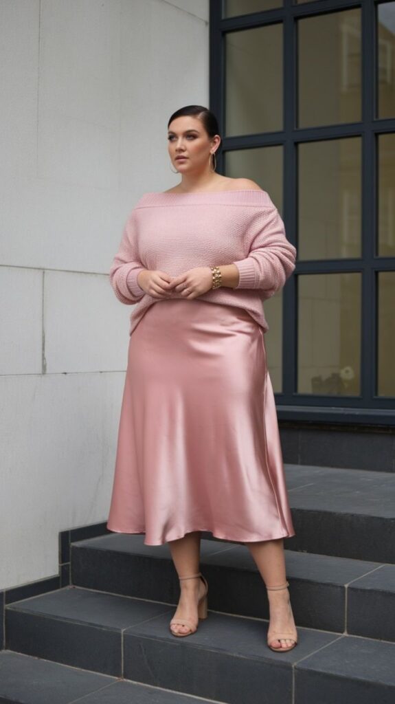 Woman wearing a pink knit sweater with a satin midi skirt