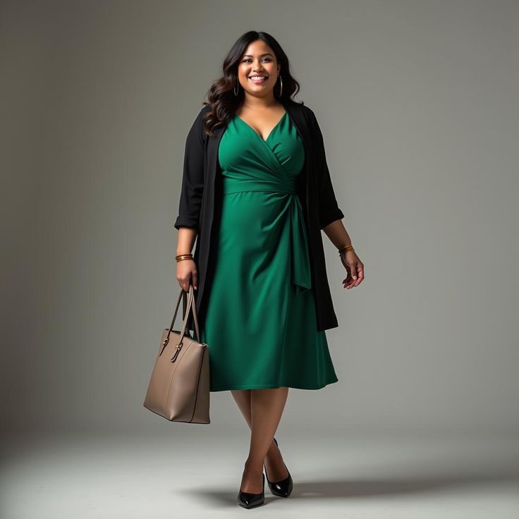 Plus size woman wearing a green dress with a black structured jacket