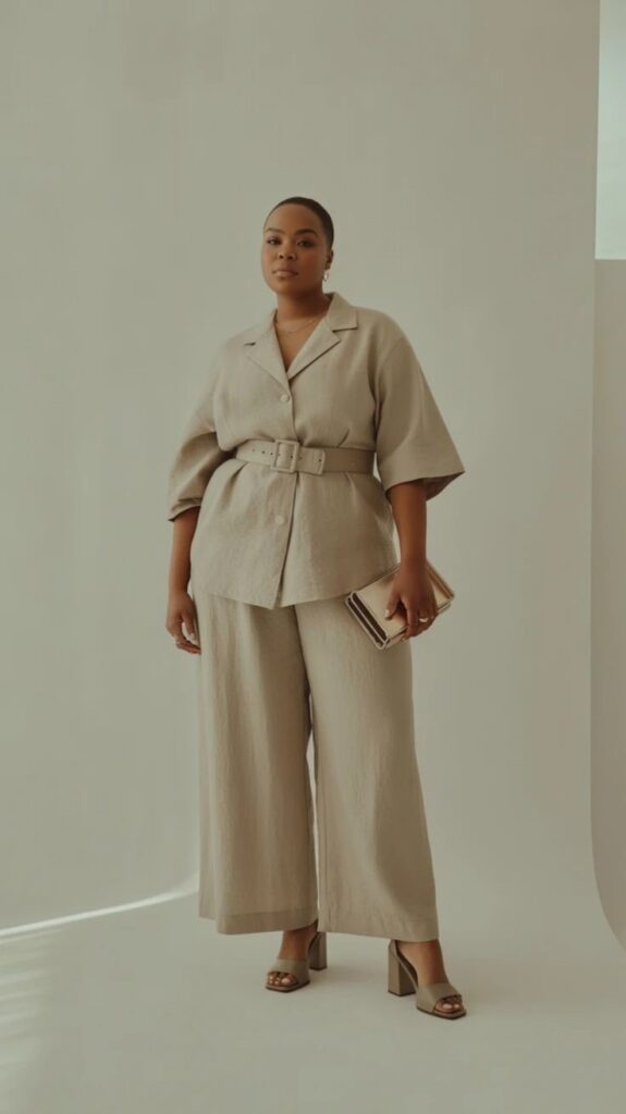 Woman wearing a soft beige wrap top with matching wide-leg trousers