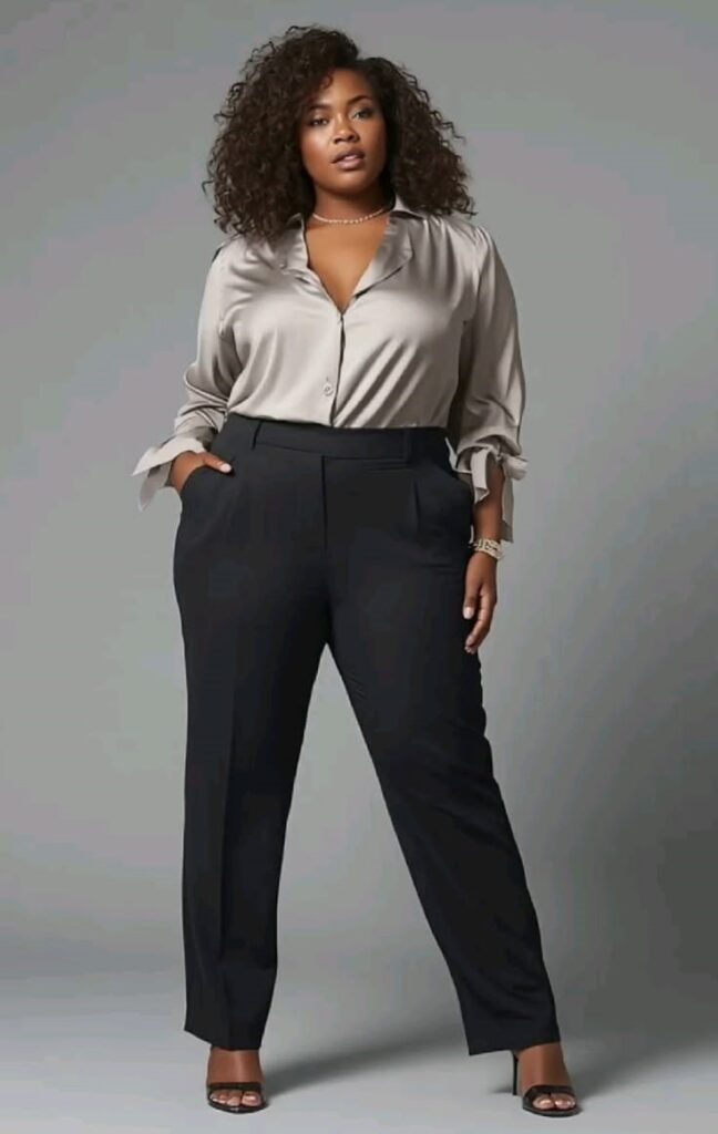 Affordable plus size fashion with straight-leg black trousers and a tucked-in satin blouse