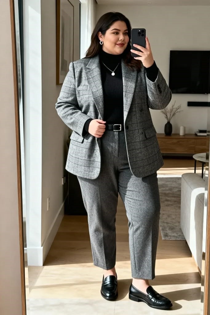 Woman wearing a black turtleneck under a grey blazer with matching trousers