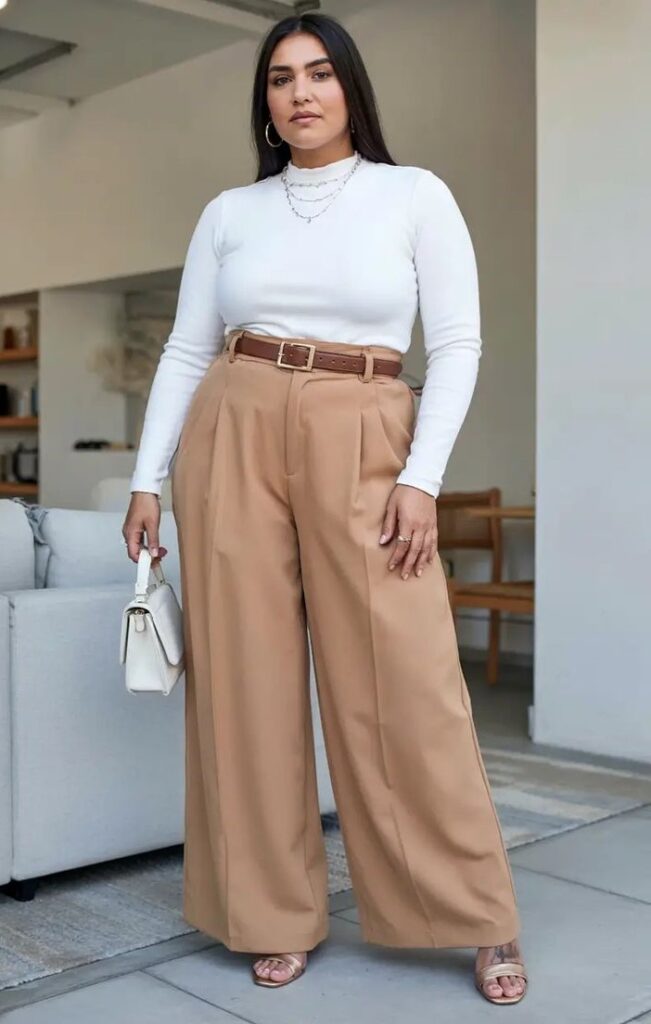 Plus size woman wearing wide-leg trousers with a simple white top