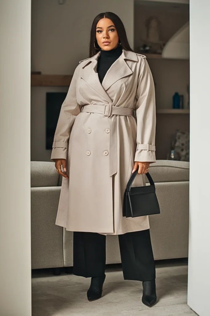 Plus size woman wearing a belted beige coat with black trousers and boots
