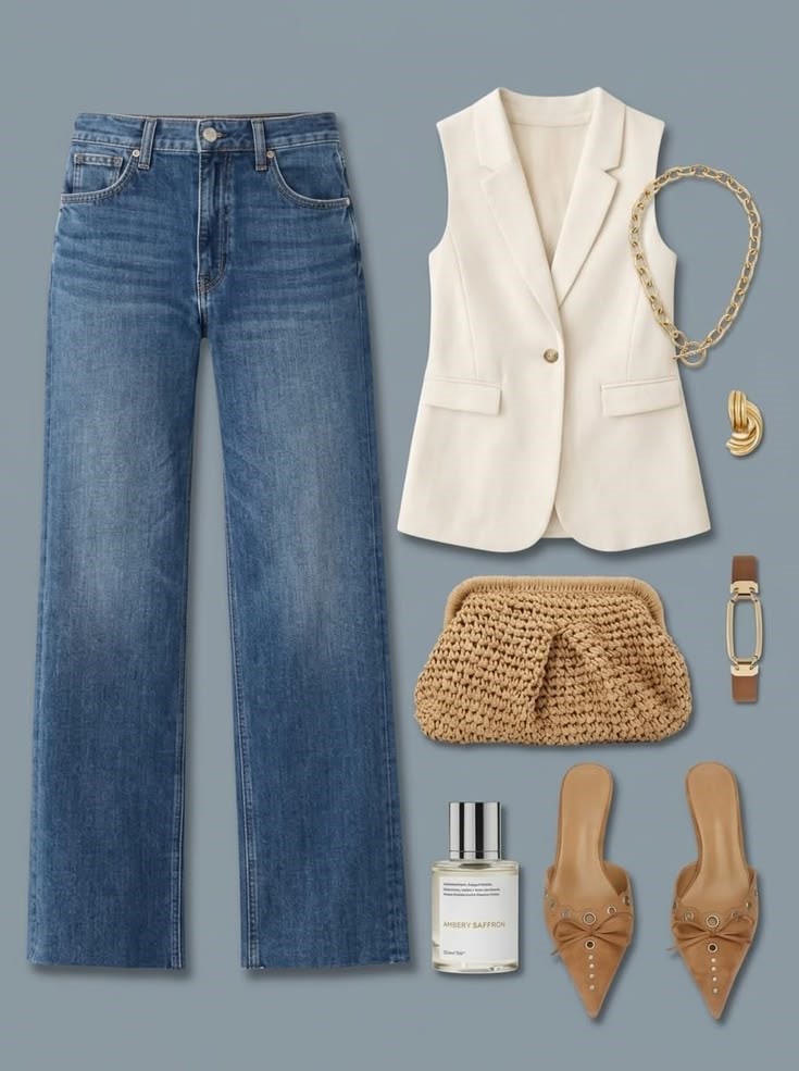 Amazon plus size fashion finds including jeans, cream vest, handbag and shoes