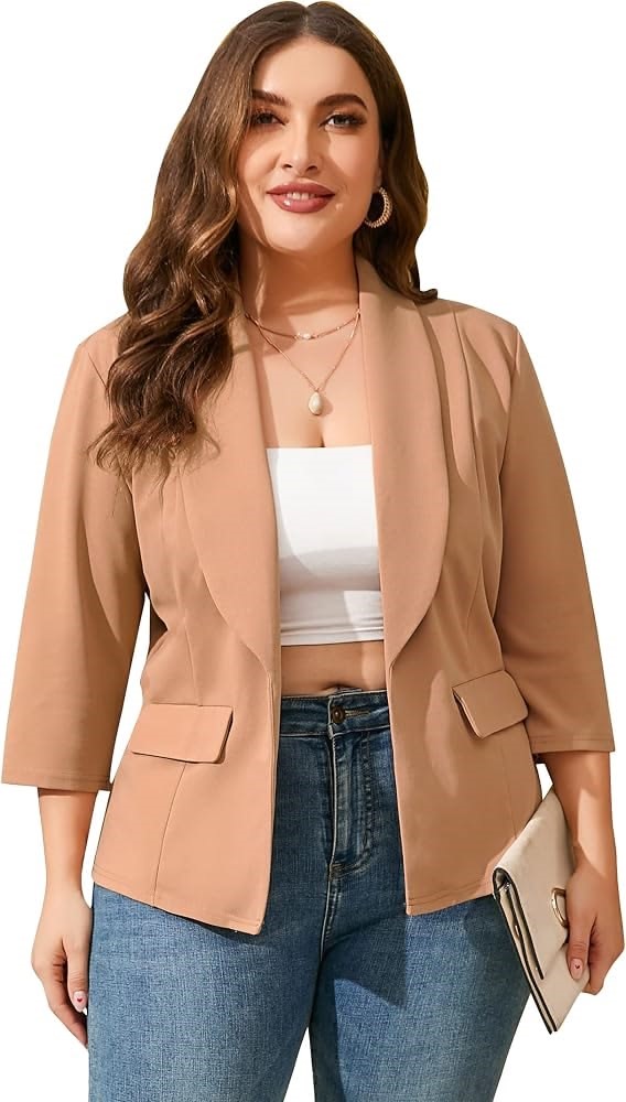 Amazon plus size fashion finds featuring a woman wearing a well-fitting brown blazer with jeans