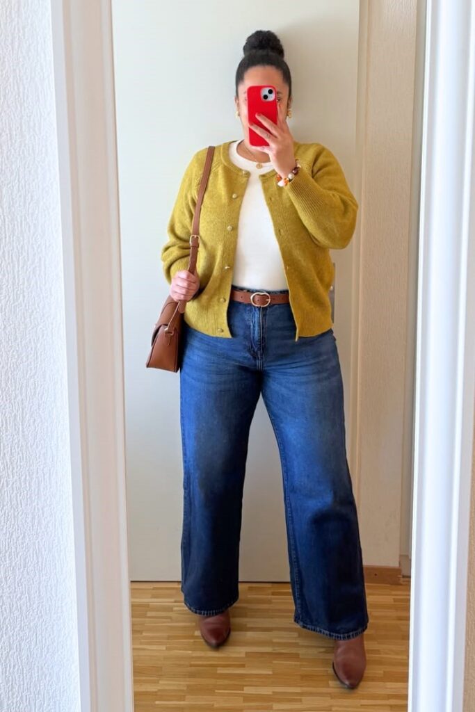Plus size woman wearing jeans with and without a belt to create more definition