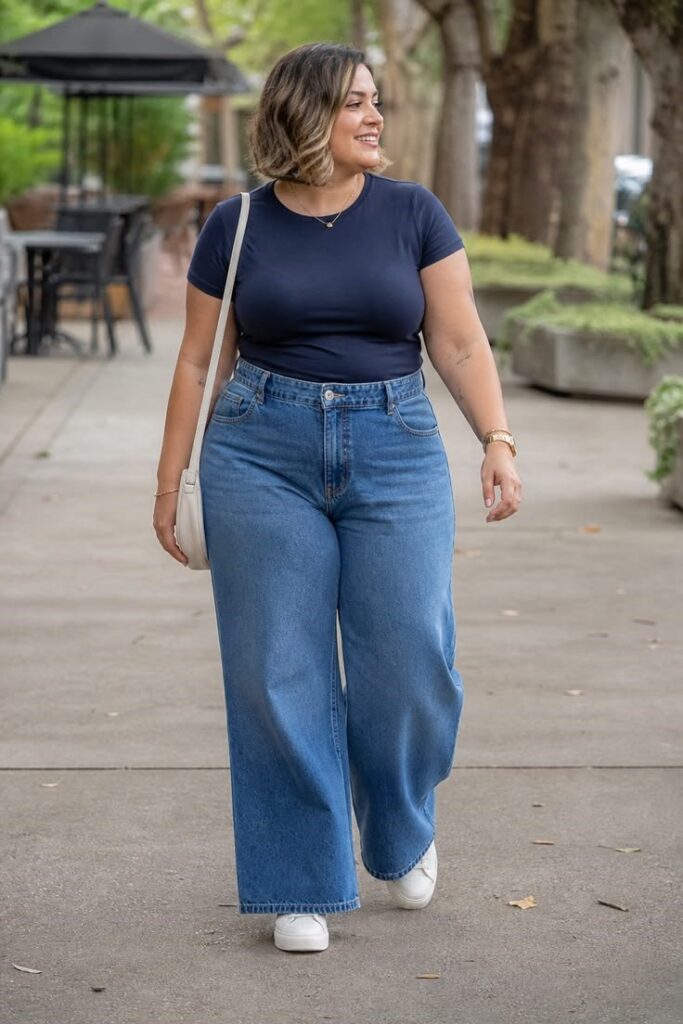 Curvy woman wearing wide-leg jeans with a navy top
