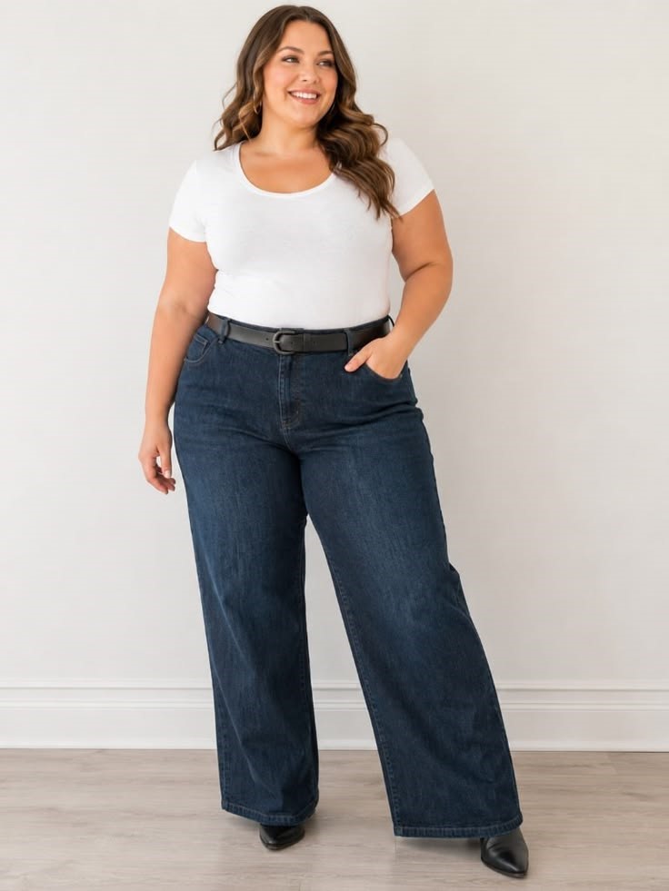 Woman wearing dark blue jeans with a white T-shirt, black belt, and black shoes