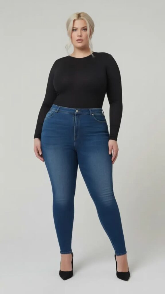 Woman wearing blue fitted jeans with a black long-sleeve top and pointed heels