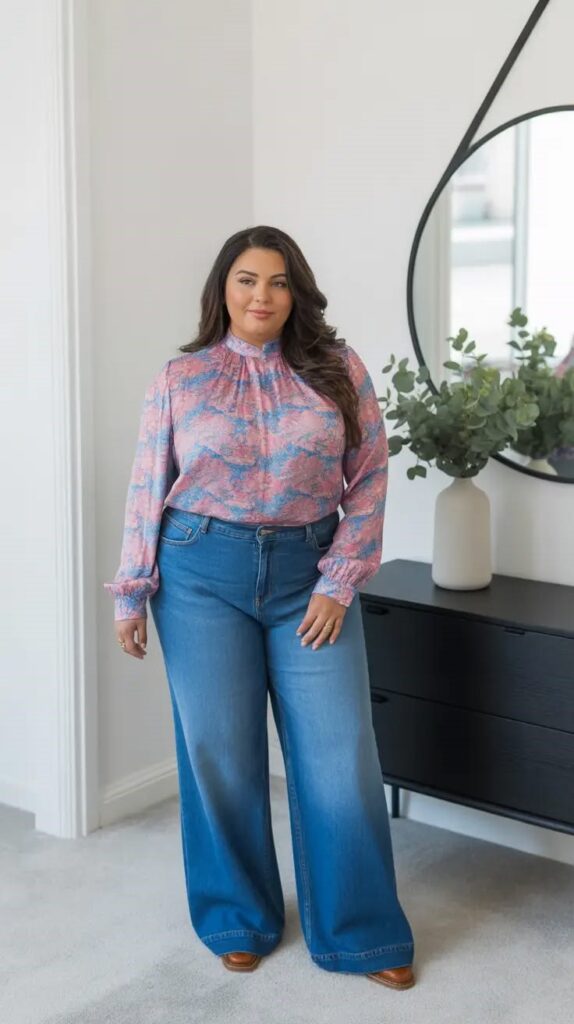 Woman wearing wide-leg blue jeans with a pink patterned blouse and brown heels