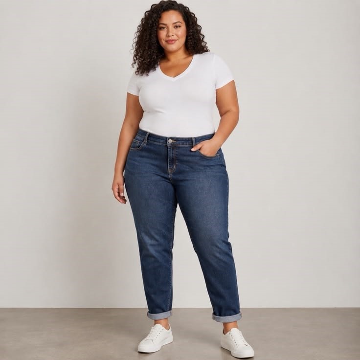 Plus size woman wearing relaxed boyfriend jeans with a white T-shirt