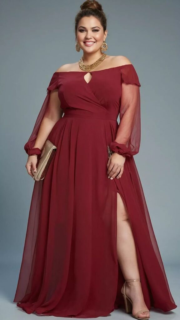 Plus-size woman wearing a burgundy maxi dress with a defined waist, off-the-shoulder neckline, and flowing skirt.