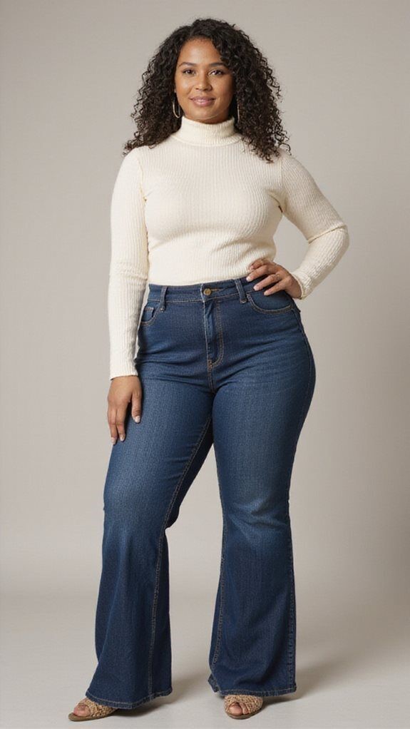 Curvy woman wearing dark flare jeans with a fitted turtleneck