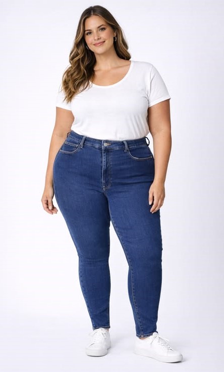 Good American plus size woman wearing high-rise blue jeans