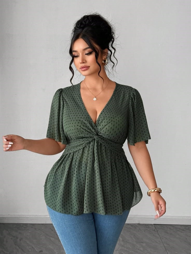Green V-neck peplum top flattering for an inverted triangle body shape