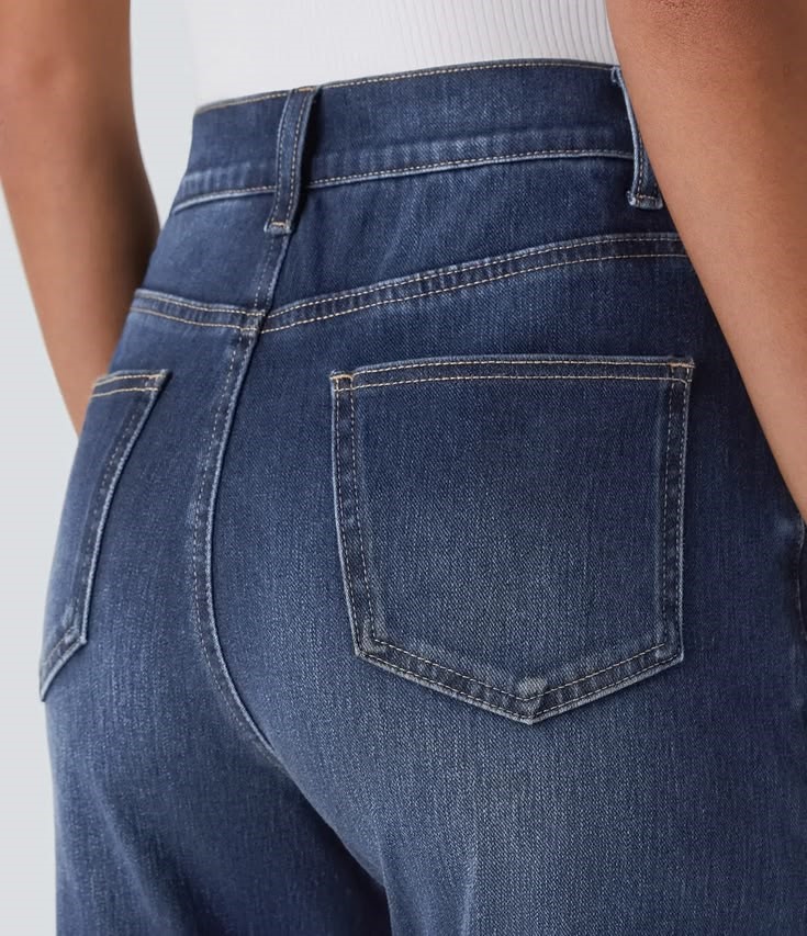 Close-up of high-waisted jeans with a waistband that fits comfortably