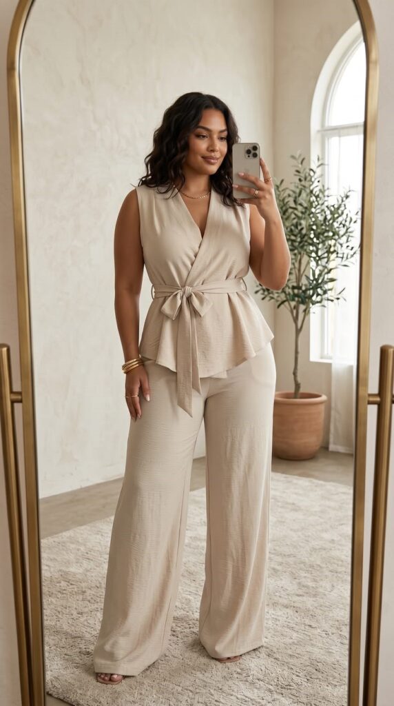 Plus size woman wearing a neutral outfit in front of a mirror while building a closet she'll actually wear